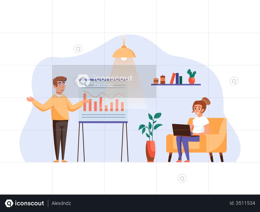 Man presenting growth chart to businesswoman  Illustration