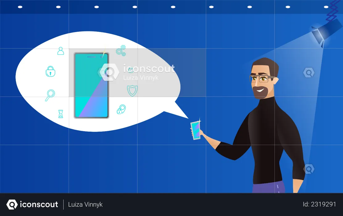 Man Presenting New Function and Device Capability, Security, Smart functionality of Phone  Illustration