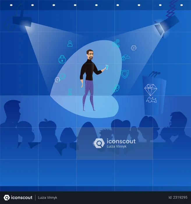 Man presenting New Function, Security, Smart, Technological New, Personalization of new smartphone  Illustration