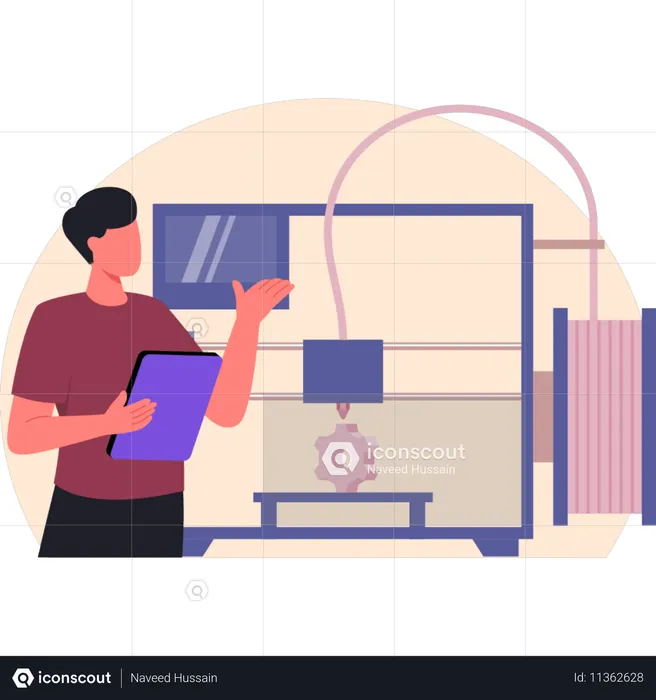Man presenting printing machine  Illustration
