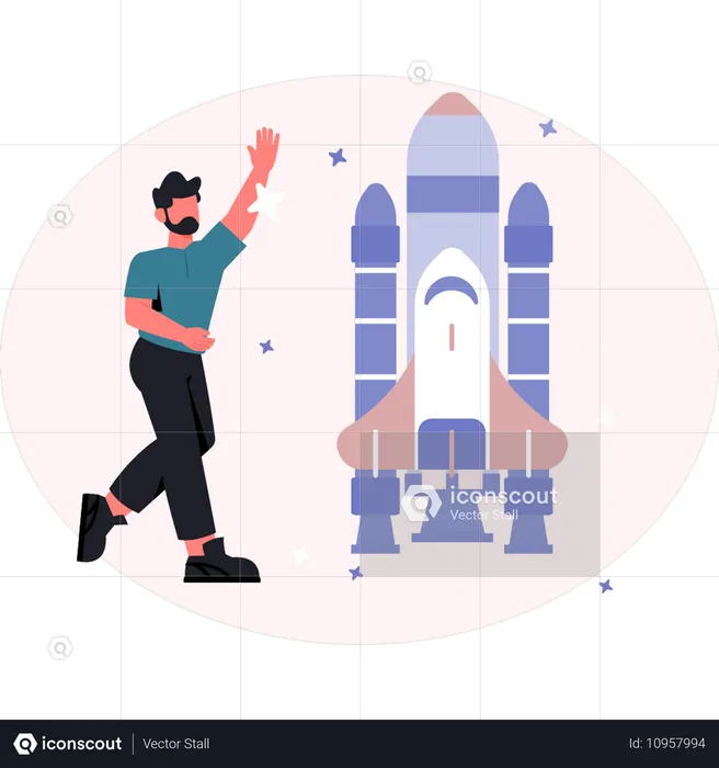 Man presenting space rocket  Illustration