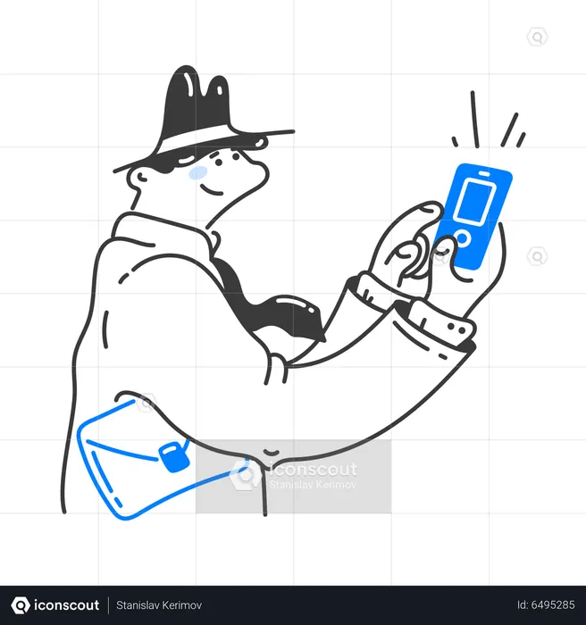 Man Presses A Button On His Smartphone  Illustration