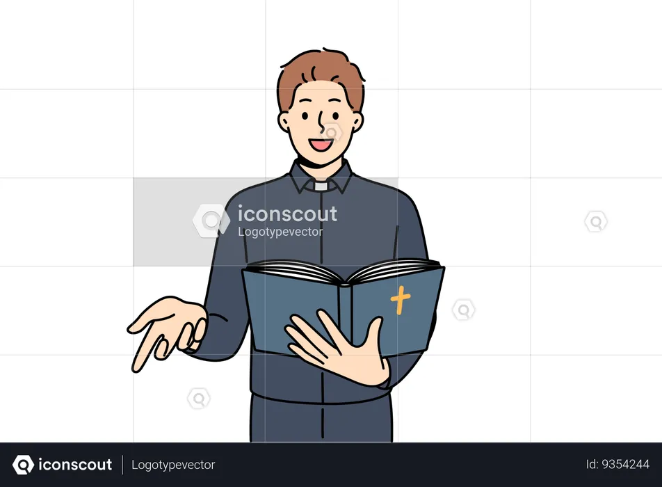 Man priest reads bible and gestures calling on people to accept christian religion  Illustration