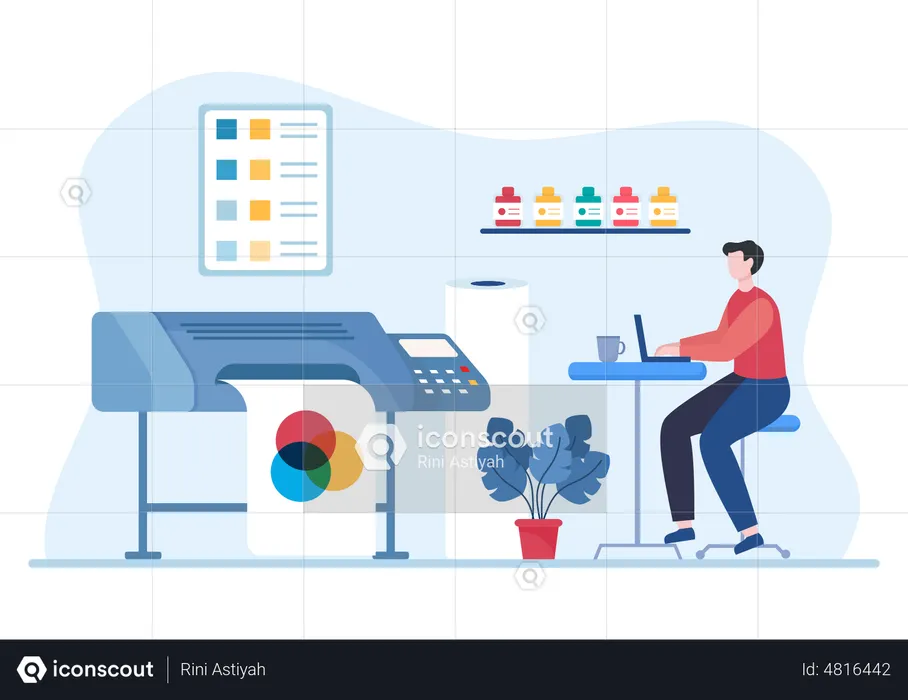 Man printing print on large industrial printer  Illustration