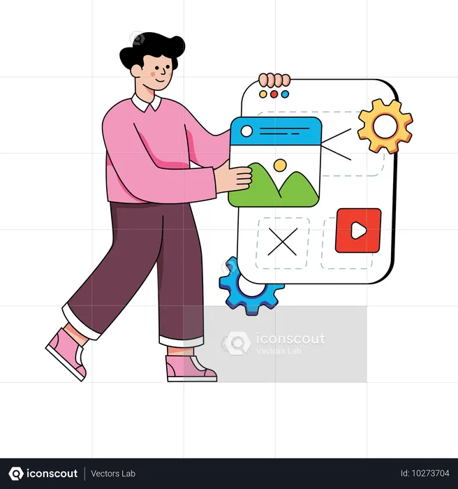 ウェブページを設計する男性プログラマー  イラスト
