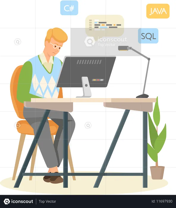 웹 디자인을 하는 남자 프로그래머  일러스트레이션