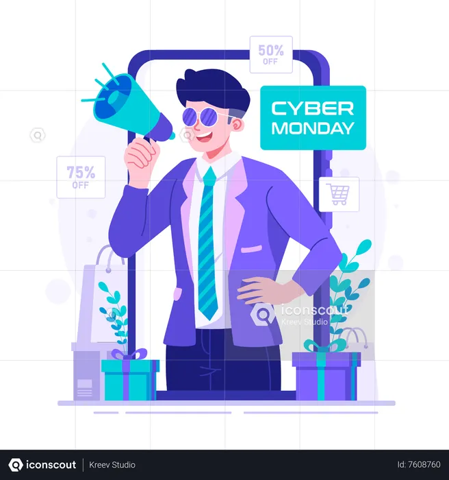 Man promoting discount price on cyber monday  Illustration