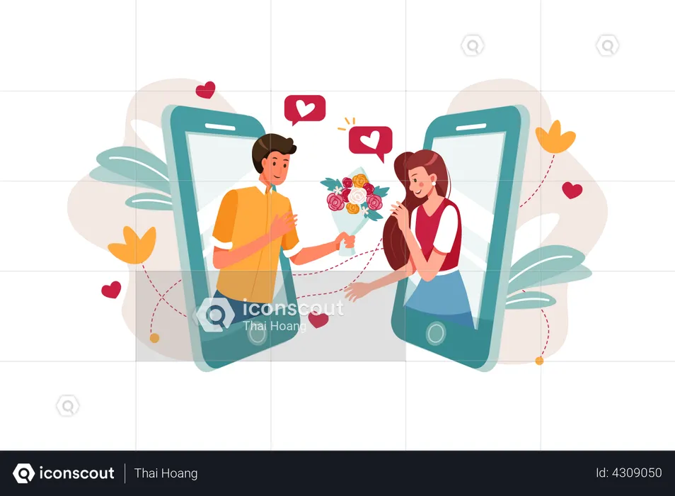 Man proposing girl through smartphone  Illustration