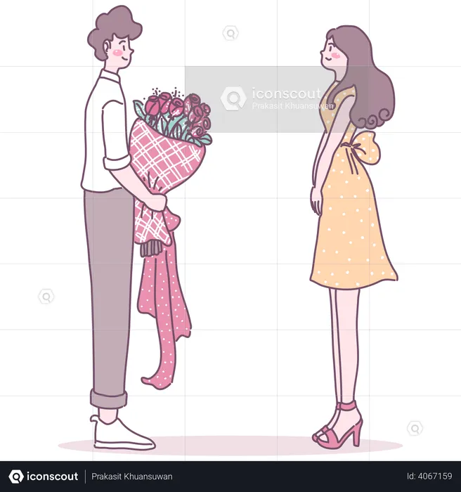 Man proposing woman with flower bouquet  Illustration
