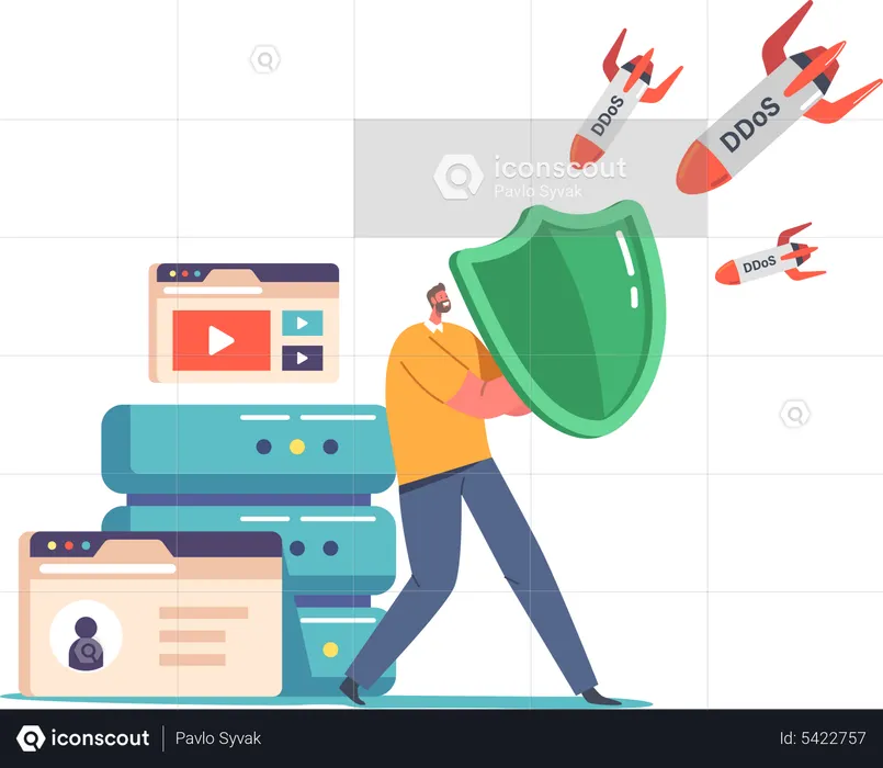 Man protecting database from DDoS attack  Illustration