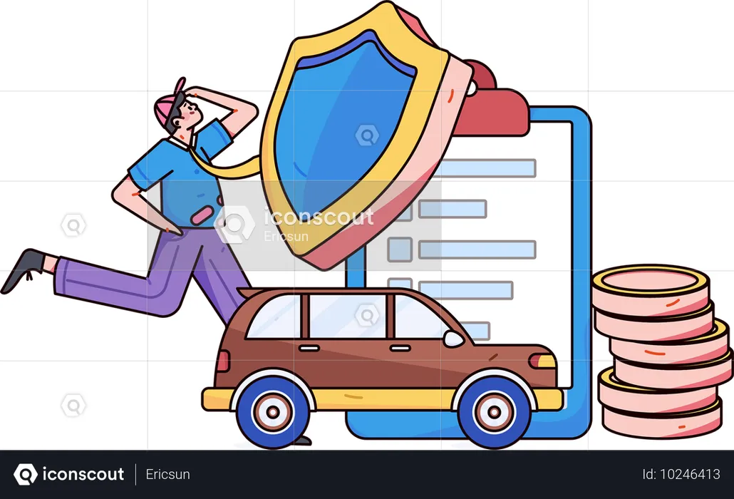 남자는 자신의 차를 사고로부터 보호한다  일러스트레이션