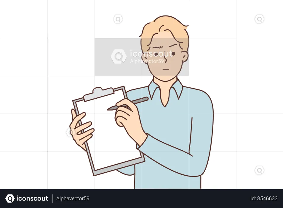Man psychiatrist demonstrates clipboard and looks skeptically at screen while asking patients  Illustration