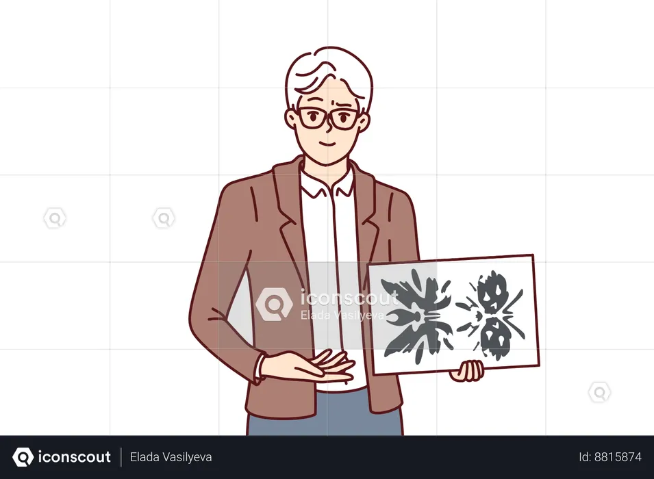 Man psychotherapist holds picture of rorschach test  Illustration