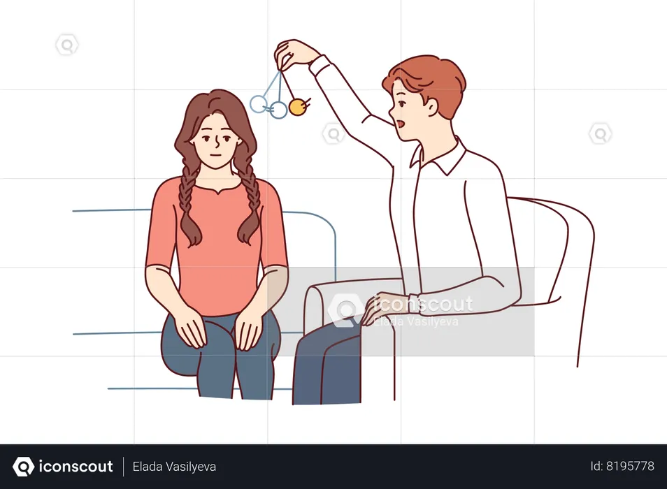 Man psychotherapist hypnotizes woman patient using pendulum to solve psychological problems  Illustration
