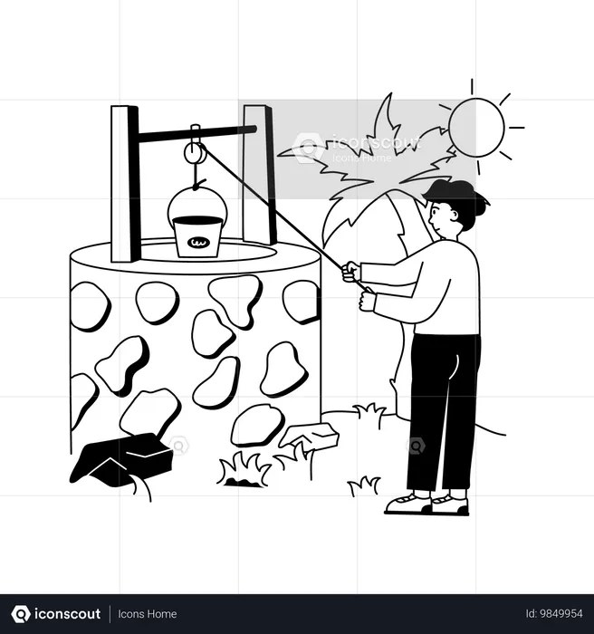 우물에서 물을 길어오는 남자  일러스트레이션