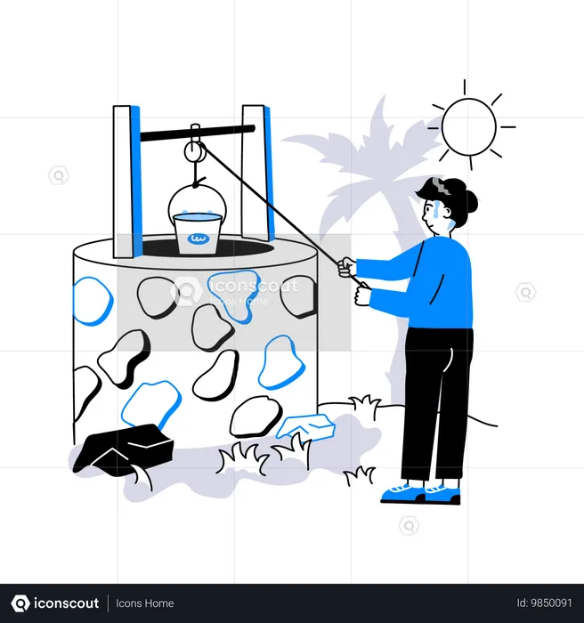 Man Pulling out Water from Well  Illustration