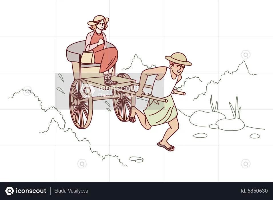 Man pulling rickshaw while girl sitting  Illustration
