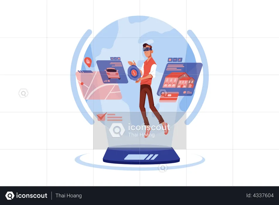 Man purchasing home and car in metaverse  Illustration