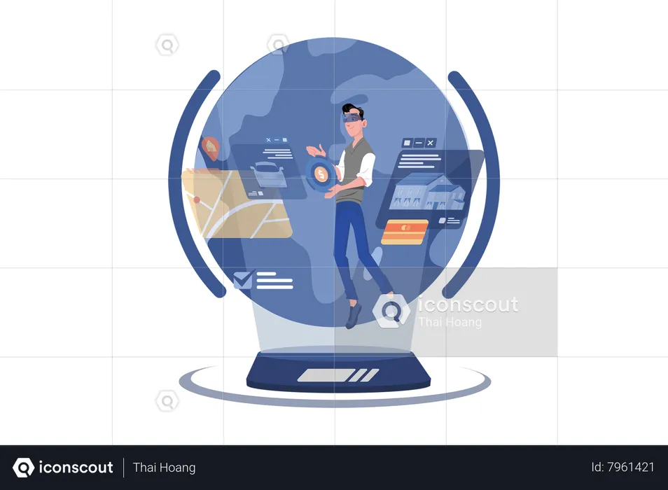 Man purchasing home and car in metaverse  Illustration