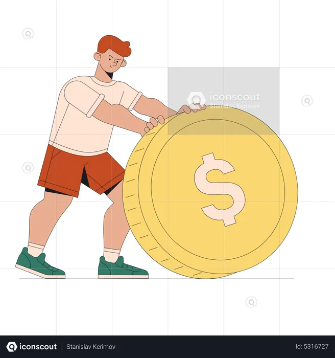 Man pushes large coin  Illustration