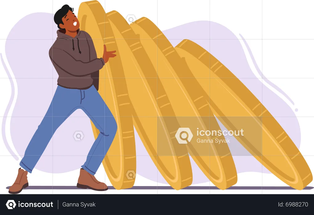 Man Pushing A Row Of Oversized Falling Coins  Illustration