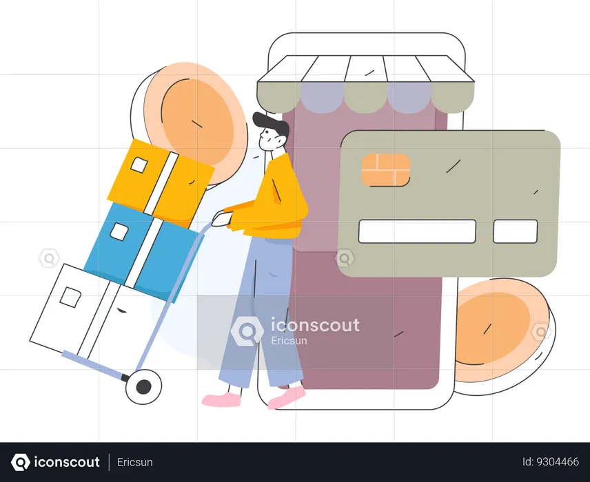 Man pushing cargo cart while doing mobile payment  Illustration