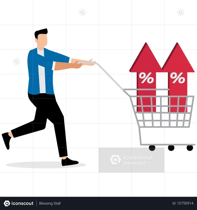 Man pushing cart with prices rising  Illustration