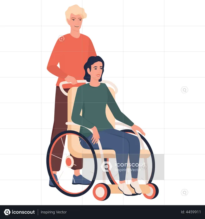 Man pushing disabled woman sitting in wheelchair  Illustration