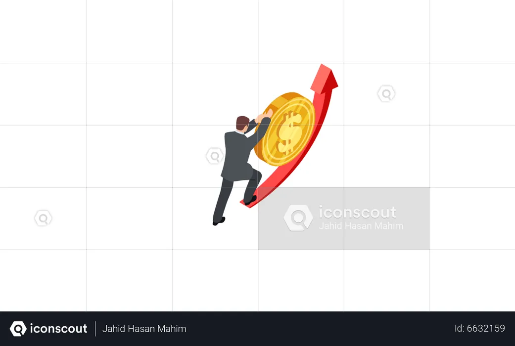 Man pushing dollar coin up  Illustration