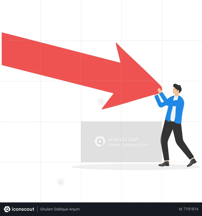 Man pushing falling down arrow with full effort  Illustration