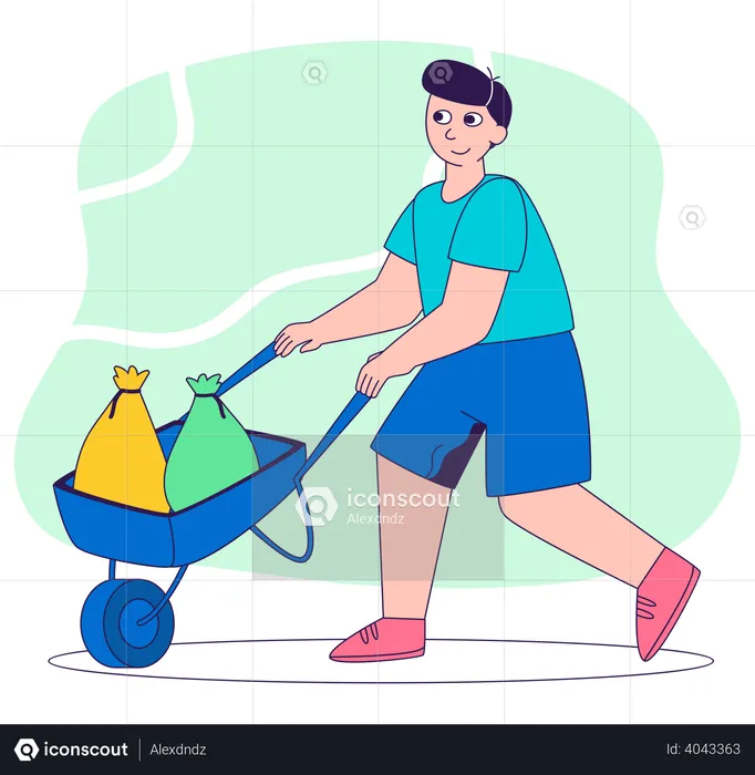 Man pushing garbage bag handcart  Illustration