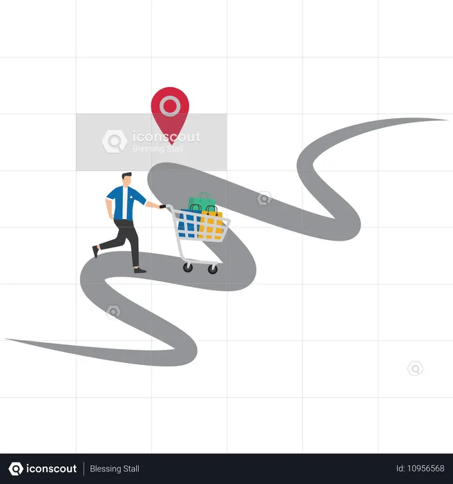 Man pushing shopping cart on customer journey path  Illustration