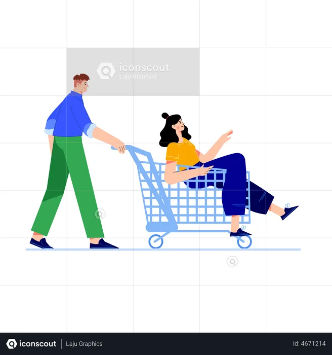 Man pushing shopping cart while girl sitting in cart  Illustration