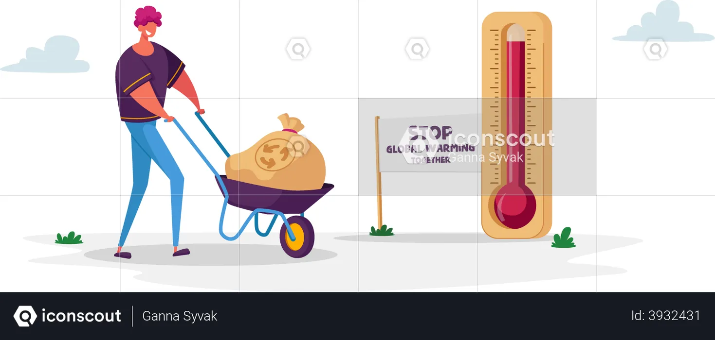 Man Pushing Wheelbarrow with Garbage Sack for Recycling Passing Huge Thermometer with High Temperature on Earth  Illustration