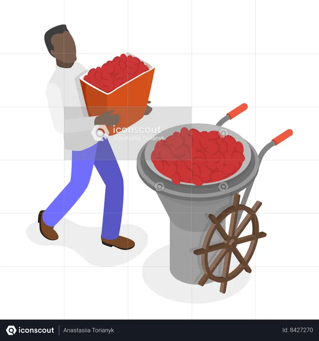 Man put coffee beans into grinding machine  Illustration