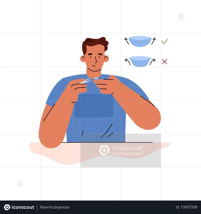 Man put contact lens on finger with tweezers  Illustration