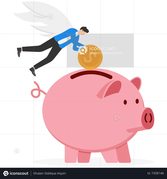 Man put dollar coin in piggy bank  Illustration