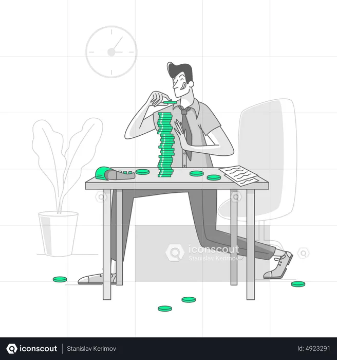 Man puts coins in a coins-pyramid  Illustration