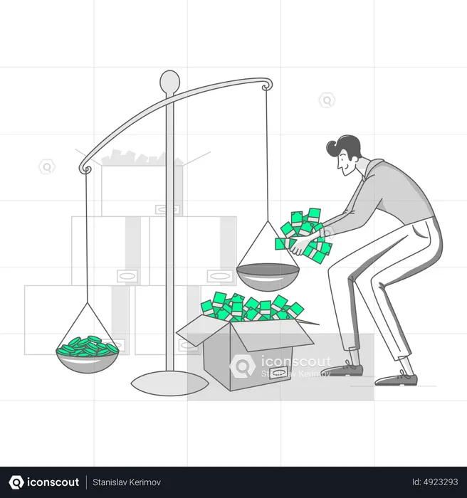 Man puts money on the scales  Illustration