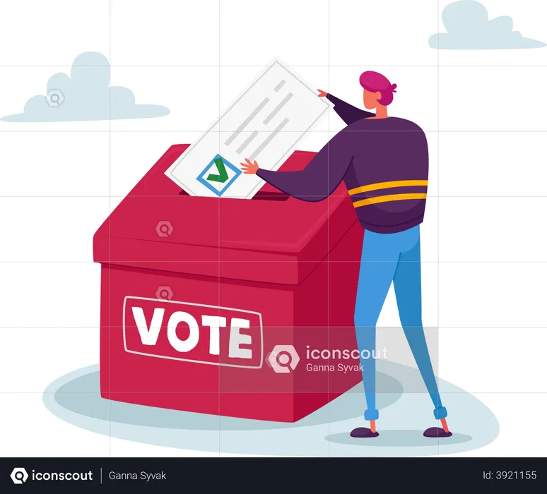 Man putting ballot in vote box  Illustration