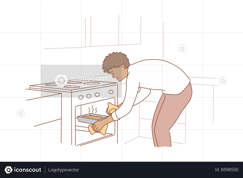 Man putting cake tray in oven  Illustration