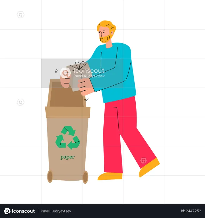 Man putting cardboard gift box in paper recycling bin  Illustration