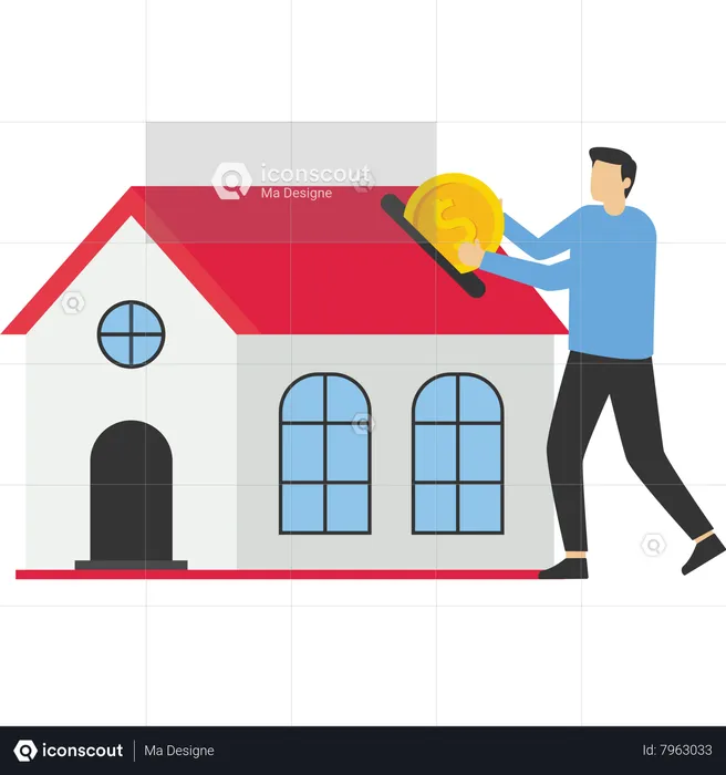 Man putting coin into house  Illustration