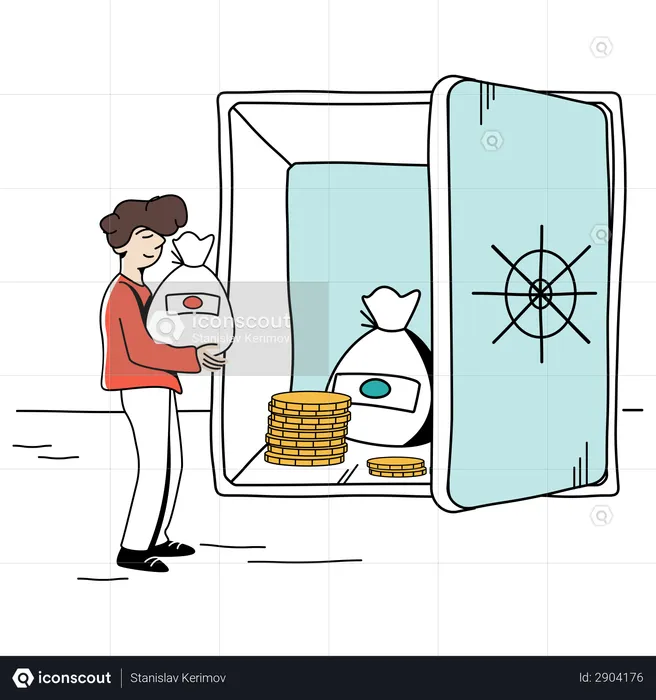 Man putting money in bank locker  Illustration