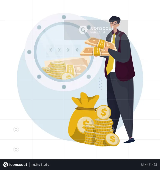 Man putting money in bank vault  Illustration