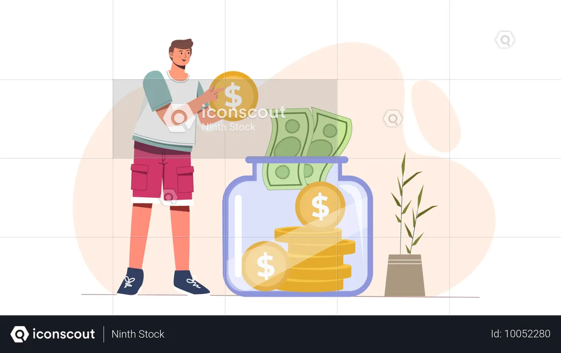 Man putting money in money jar  Illustration