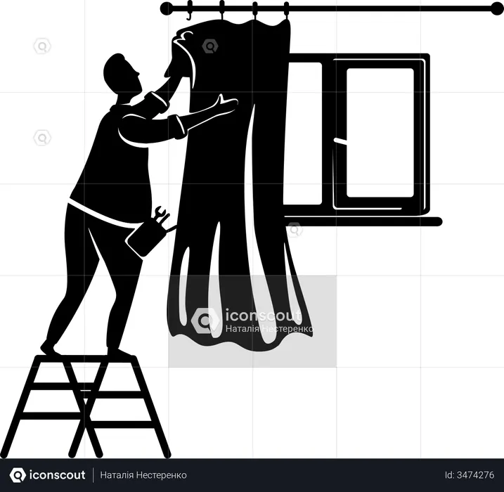 Man putting on curtains  Illustration