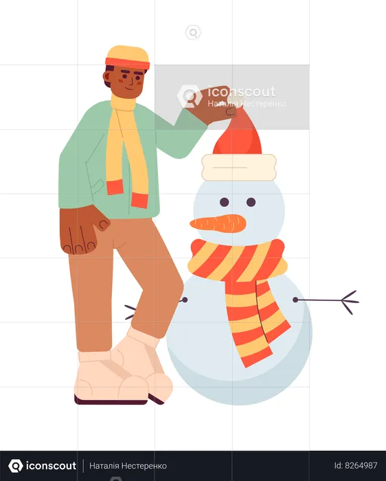 Man putting santa hat on snowman head  Illustration