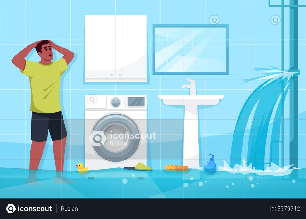 Man puzzled by broken water pipe  Illustration