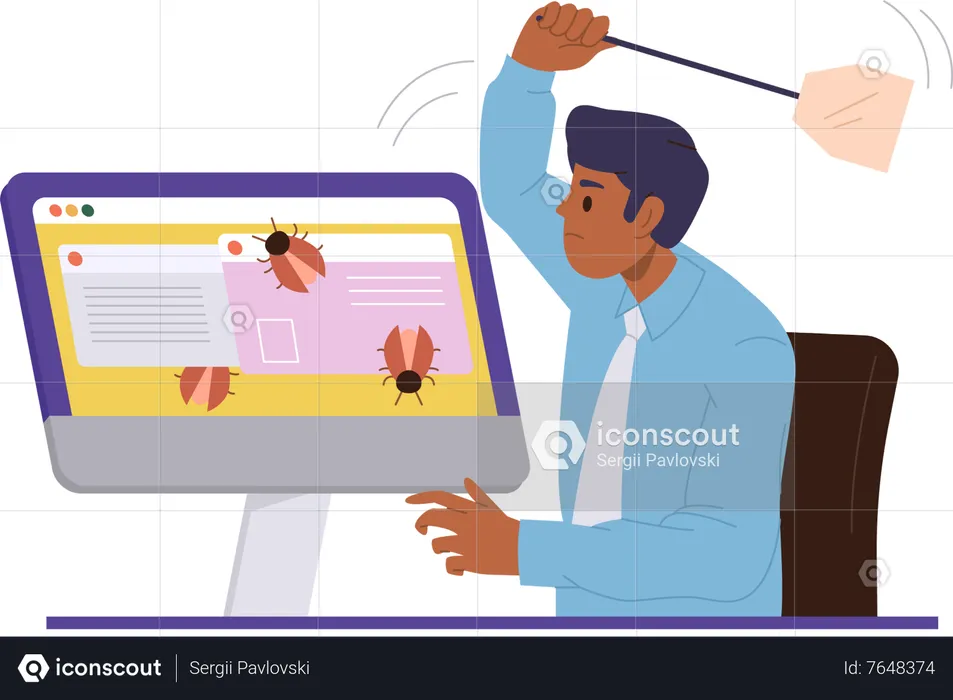 Man quality assurance worker catching bugs on computer screen  Illustration
